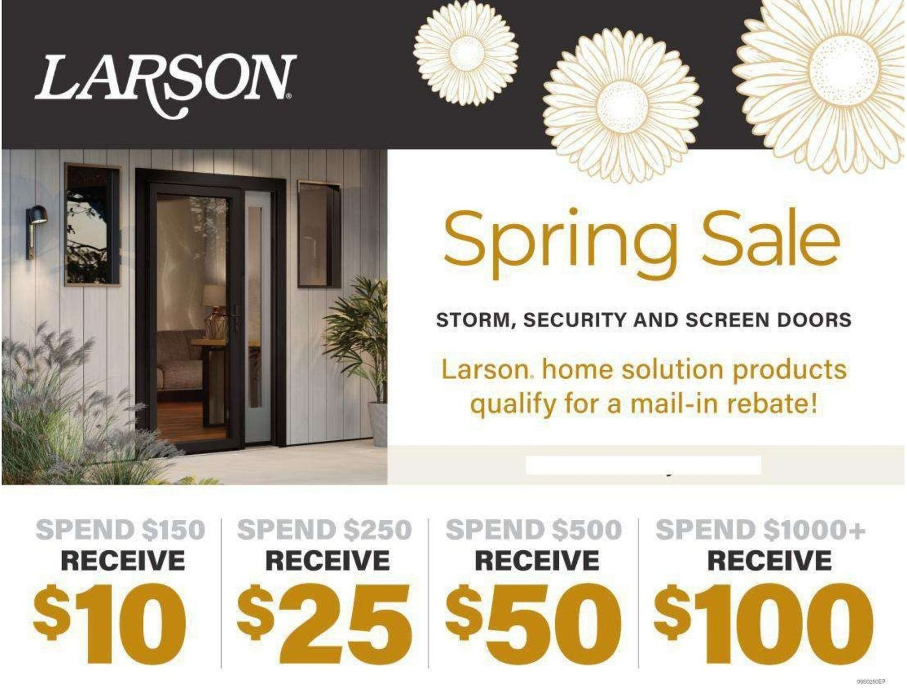 Larson Spring Sale promotion for storm and security doors, featuring tiered mail-in rebates from $10 to $100.