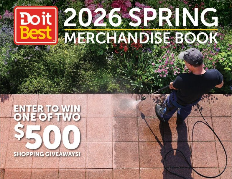 A person uses a pressure washer to clean a patio next to a blooming garden, promoting a Do it Best Spring giveaway.