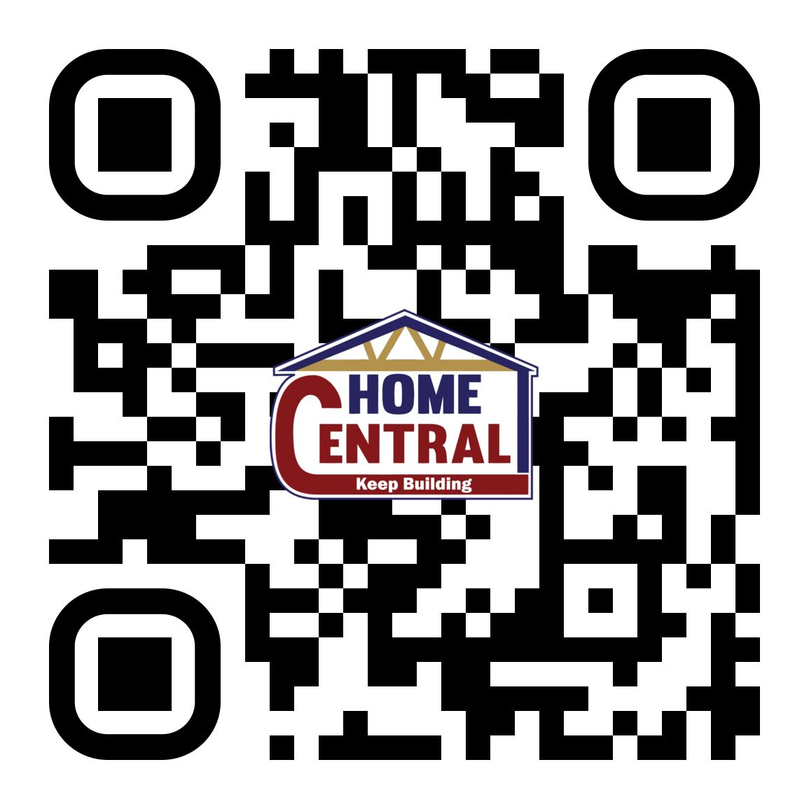Black-and-white QR code with a “HOME ENTRAL” logo in the center and the words “Keep Building” underneath