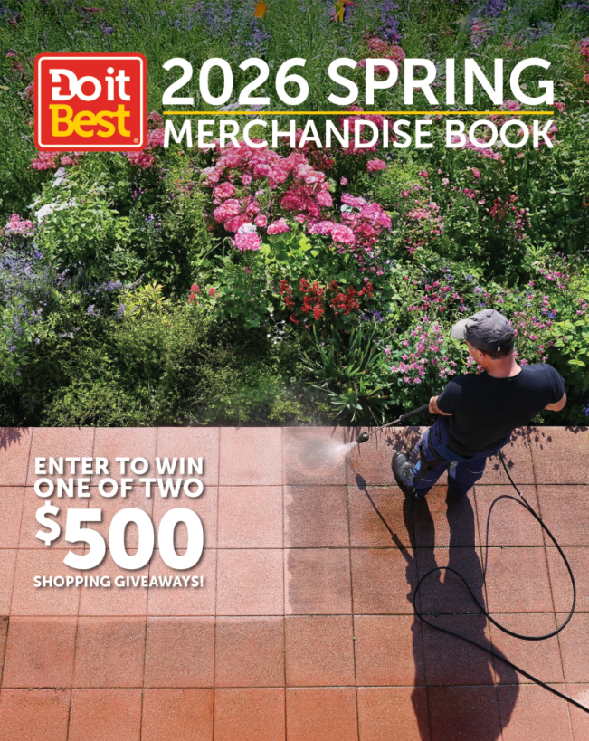 A person uses a pressure washer to clean a patio next to a blooming garden, promoting a Do it Best Spring giveaway.