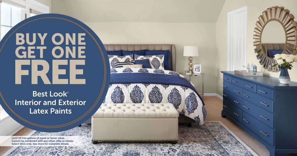 Bedroom furniture sale ad with blue bed, dresser, and lamp, featuring Buy one get one free text.