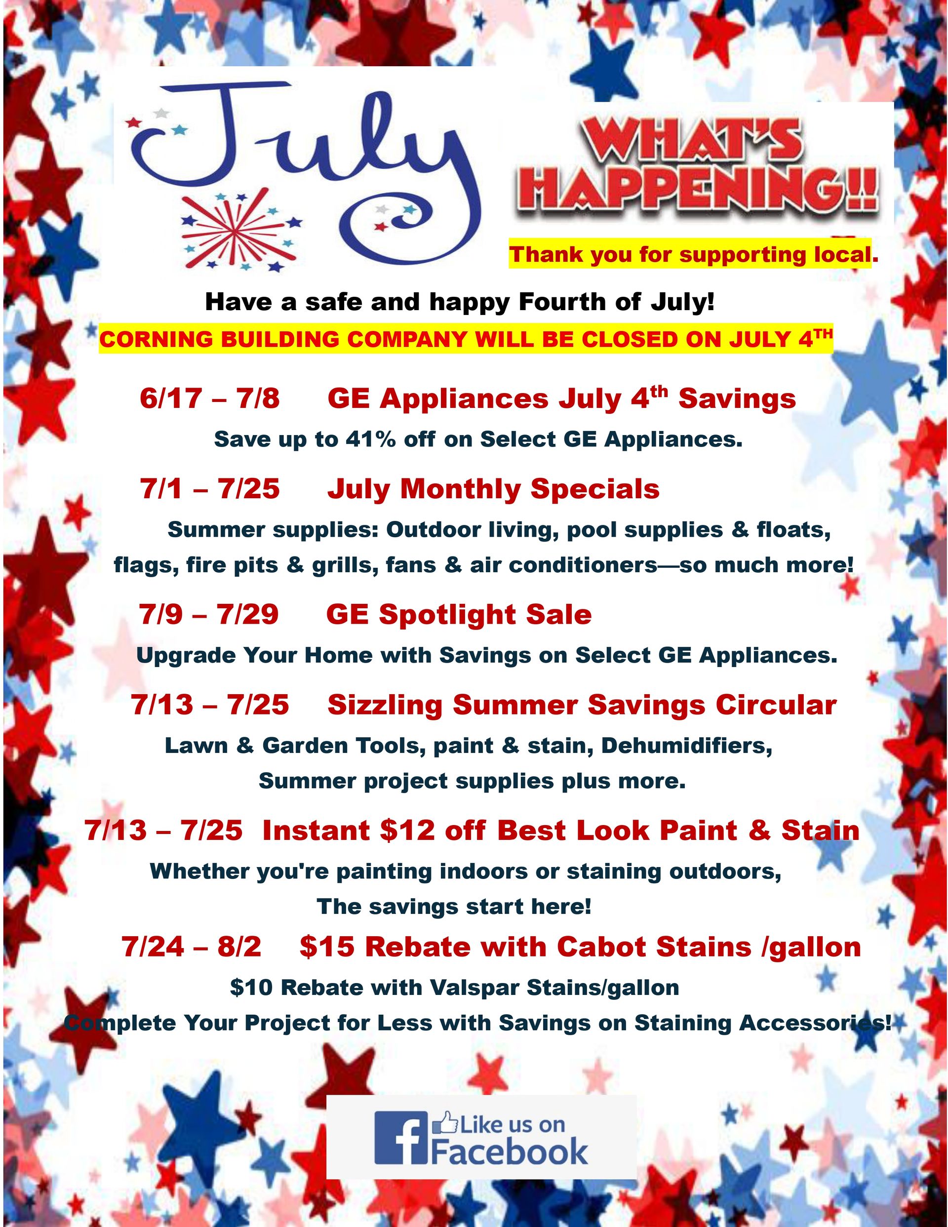 July event flyer with patriotic red, white, and blue design listing sales, contests, and local business happenings