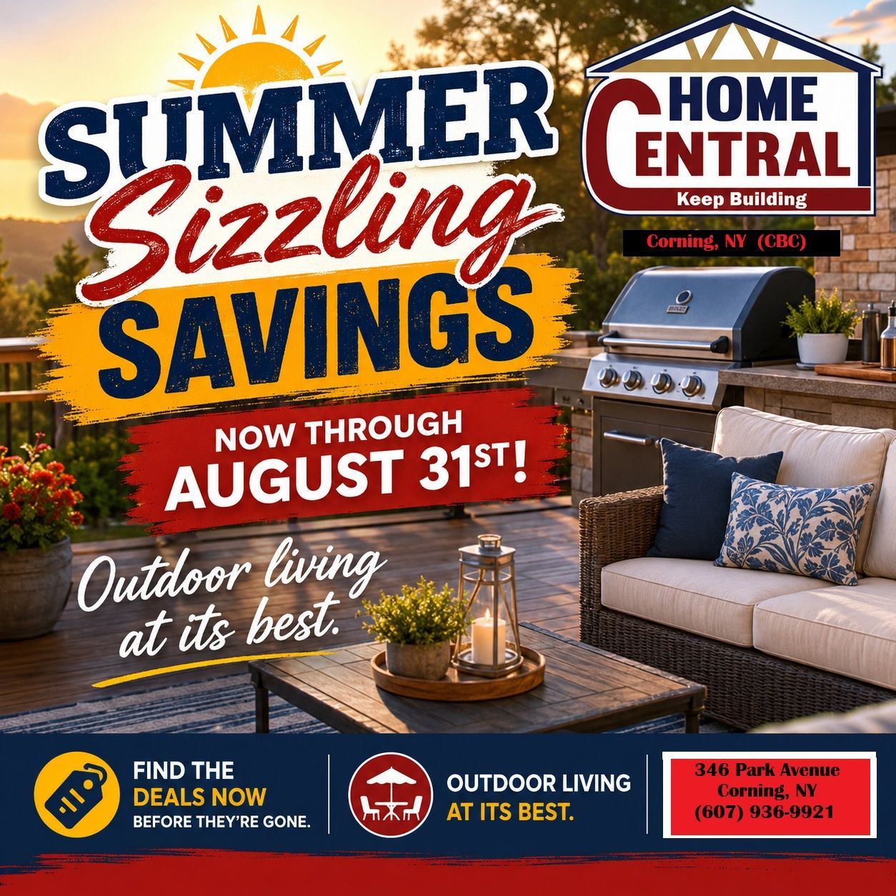 Summer savings ad for outdoor living furniture at Home Central, with patio seating and grill, through August 31st.