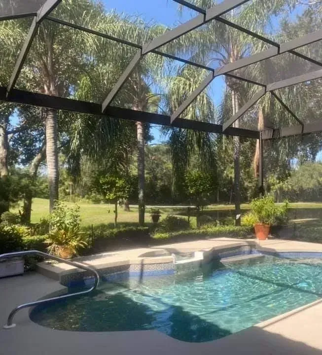 A screened-in pool with blue water, surrounded by greenery and tall trees, on a sunny day.