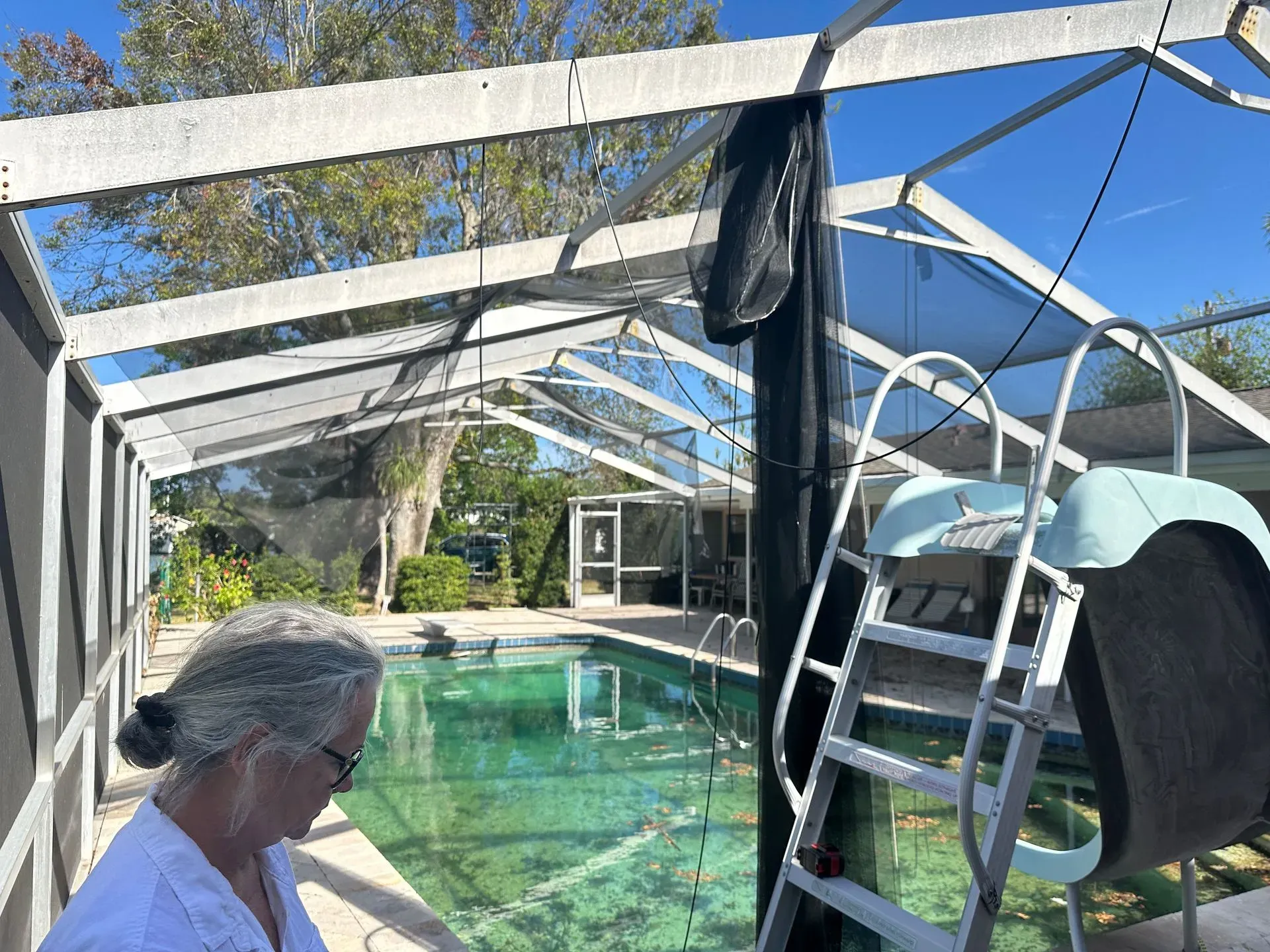 Woman looking at a murky green pool under a screened enclosure, with a slide and ladder.