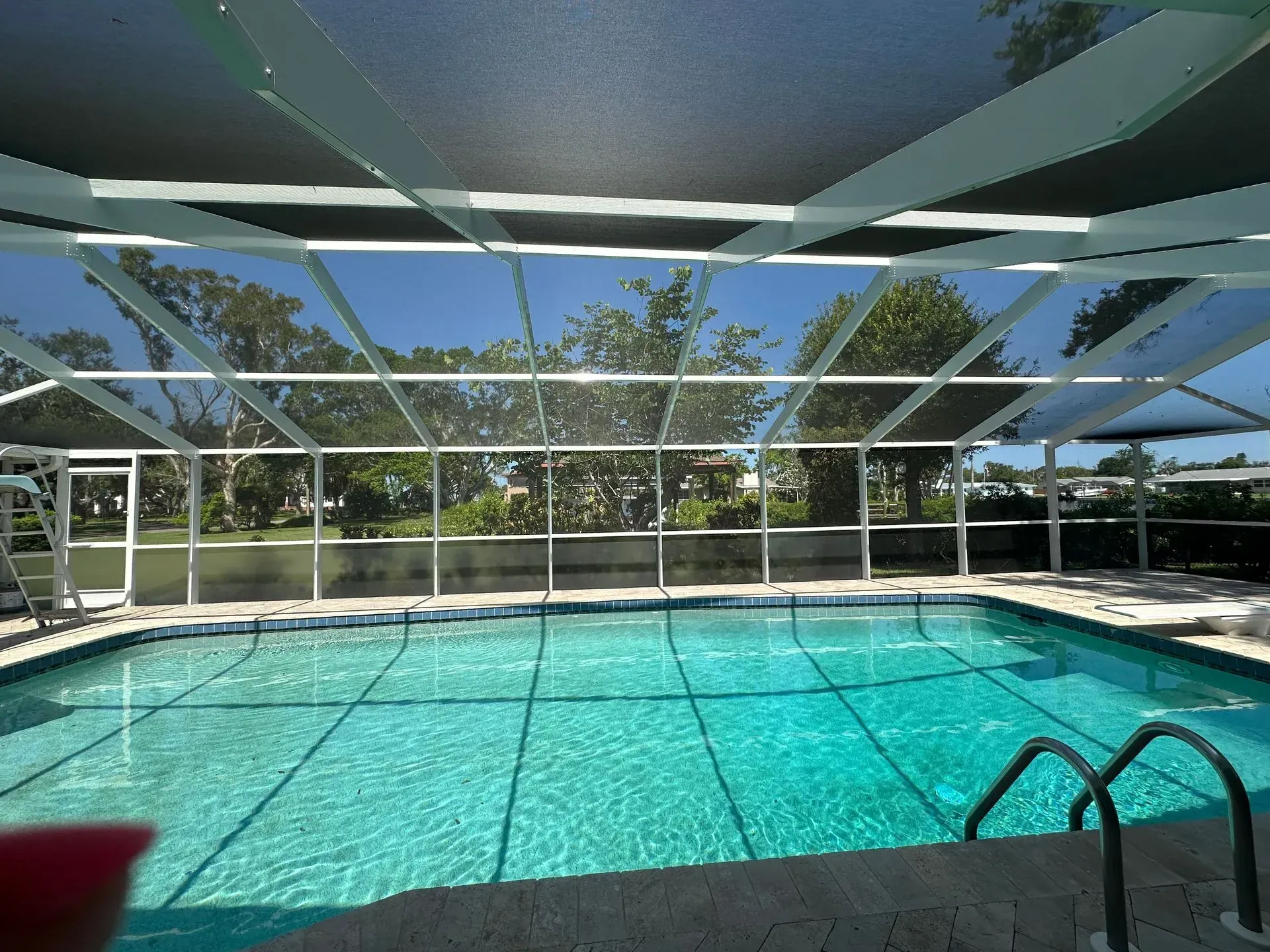 Pool under screened enclosure with clear blue water and surrounding trees.