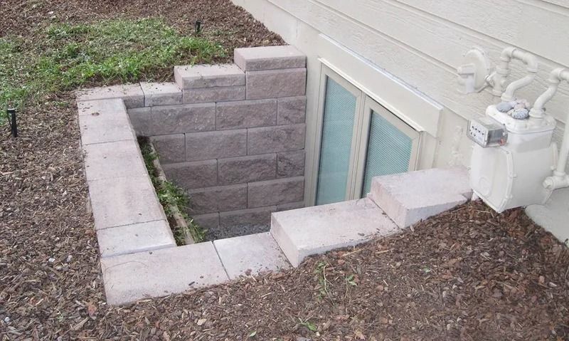 Stone-walled window well with steps leading down to a sliding glass door on a building's side. Brown mulch and grass surround.