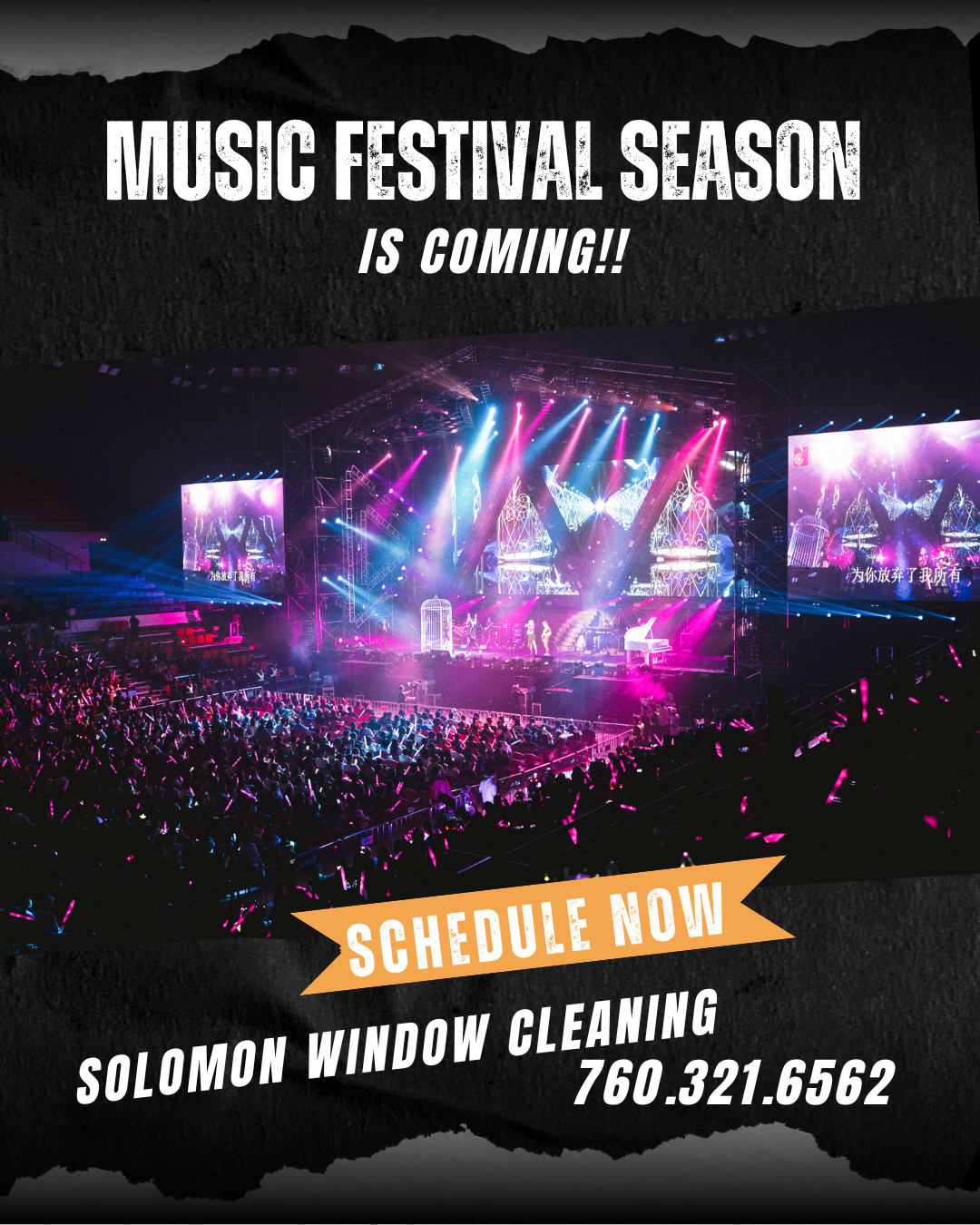 Music festival ad: concert stage with crowd, headline MUSIC FESTIVAL SEASON IS COMING!