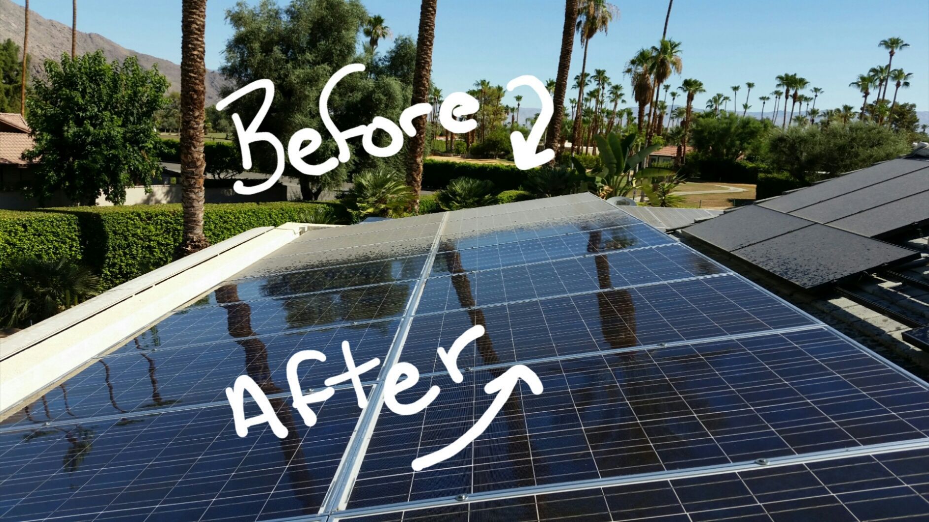 A before and after picture of solar panels on a roof