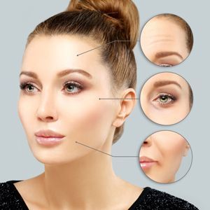 A close up of a woman 's face showing different stages of wrinkles.