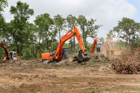 A couple of excavators are clearing a site