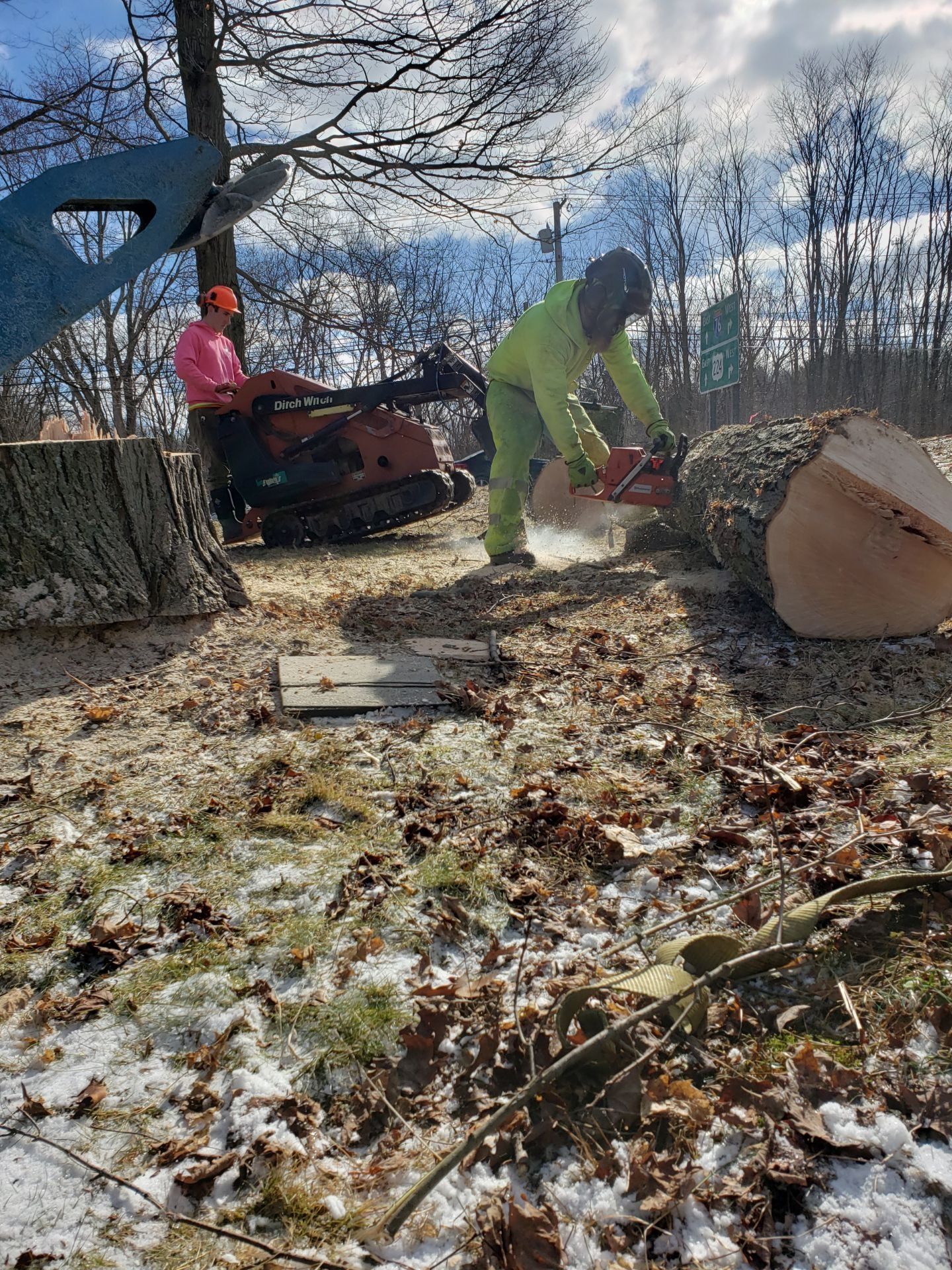 a man is cutting a tree stump with a chainsaw