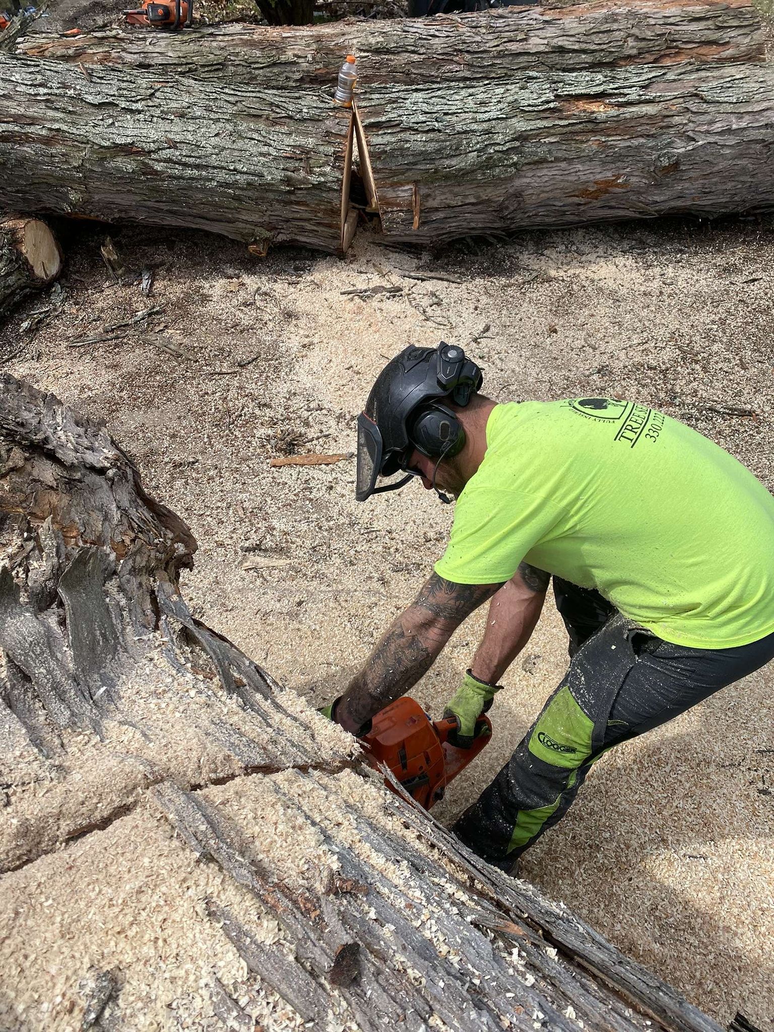 a man is cutting a large log with a chainsaw