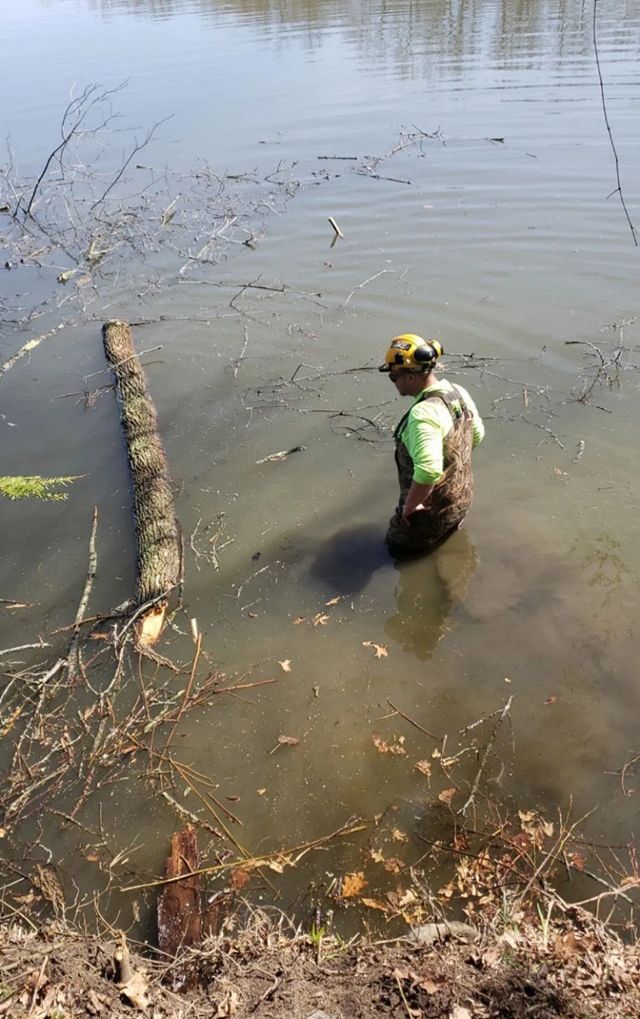 a man is standing in the water next to a log