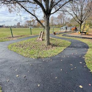 Curved blacktop path around a tree in a park, with playground equipment and open grassy field nearby