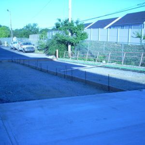 Blue-tinted street with parked cars, a tree, and a fenced sidewalk beside buildings.