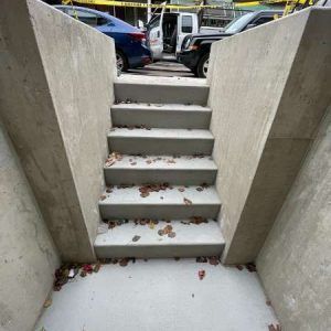 Concrete stairs between retaining walls leading up to a parking lot, with fallen leaves on the steps.