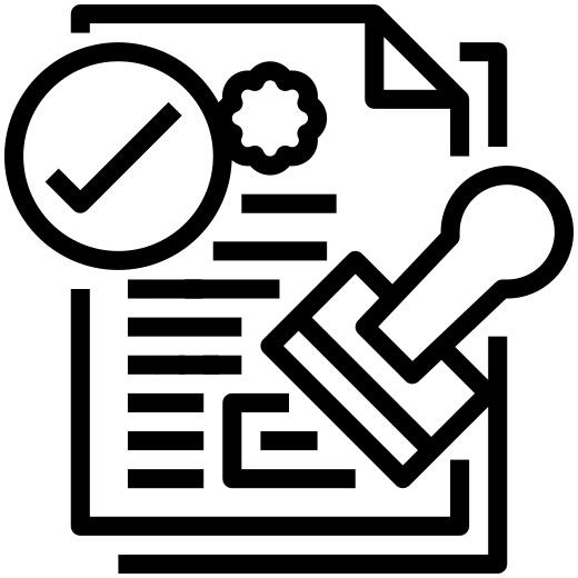 Document approval icon with checkmark and stamp seal