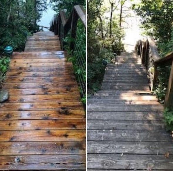 a before and after picture of a wooden deck and stairs