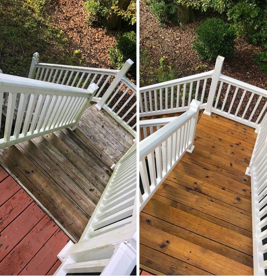a before and after picture of a wooden deck with a white railing
