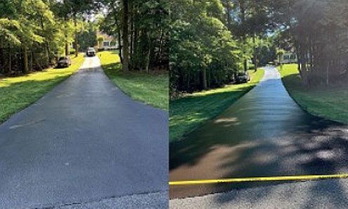 Two views of an asphalt driveway, before and after sealcoating. Driveway is surrounded by green grass and trees.
