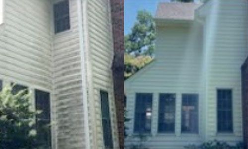 Before and after of a house's siding. The left shows dirty siding; the right, cleaned siding, appearing much brighter.