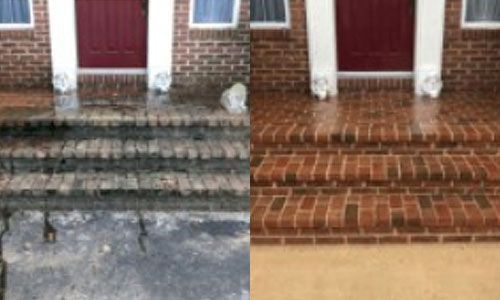 Before and after of brick steps and walkway cleaned, showing dramatic difference in cleanliness, revealing the red brick.