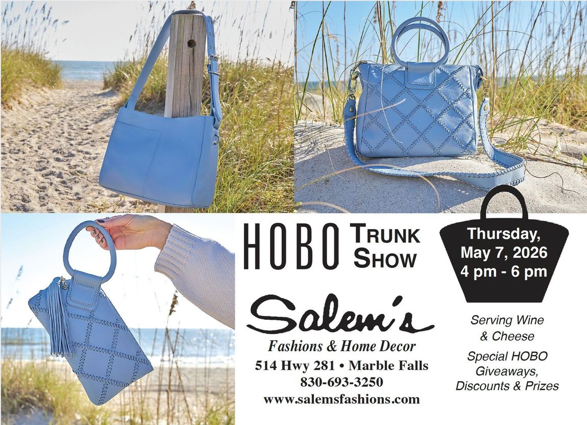 HoBo Trunk Show flyer with blue handbag photos and event details