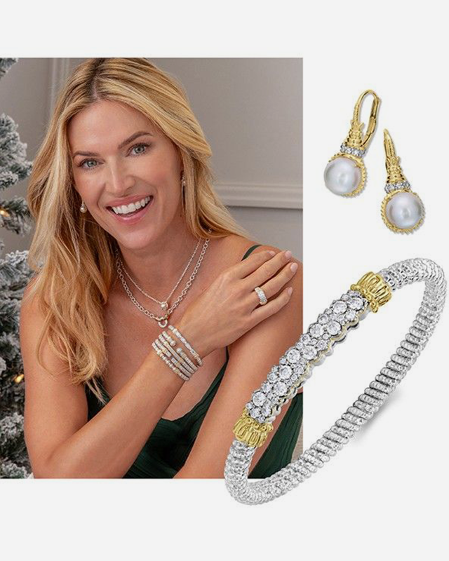 Woman wearing jewelry, smiling. Next to jewelry earrings and a bracelet.