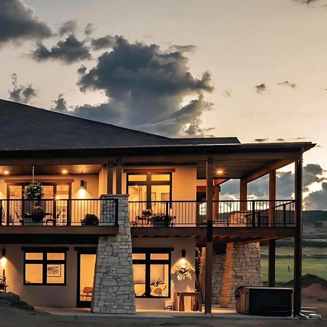 Two-story home with stone accents and a wooden balcony. Dusk sky.