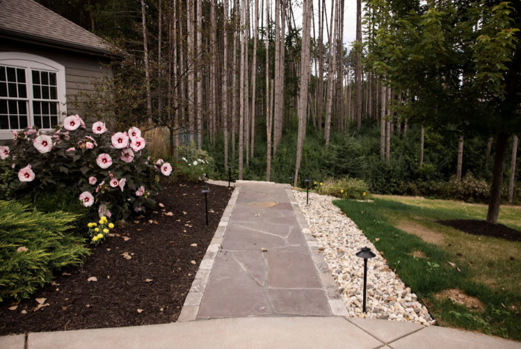 Stone path leads through landscaped yard with trees and flowers, a house on the left, and a wooded area in the background.