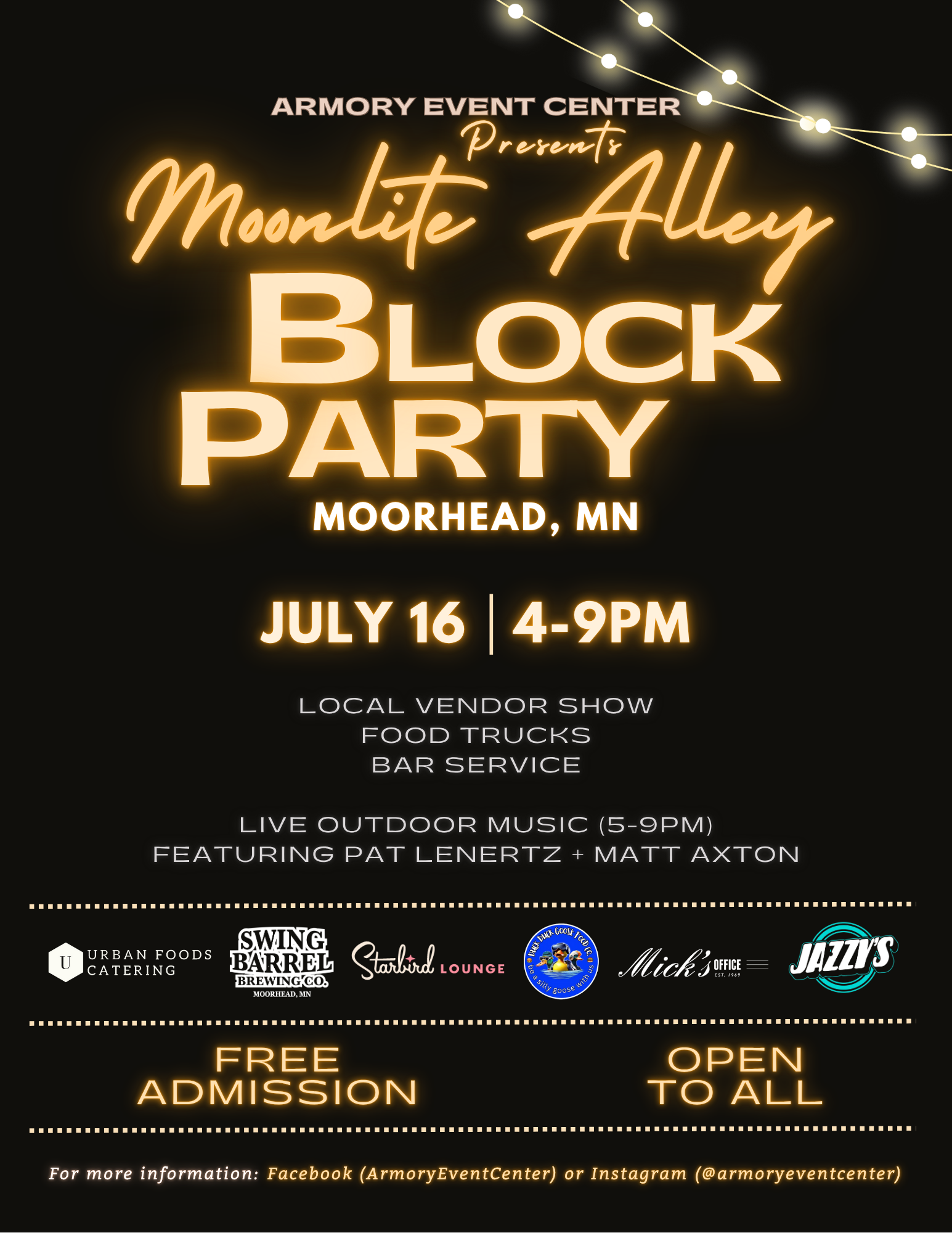 A poster for a moonlite alley block party in moorhead , mn.