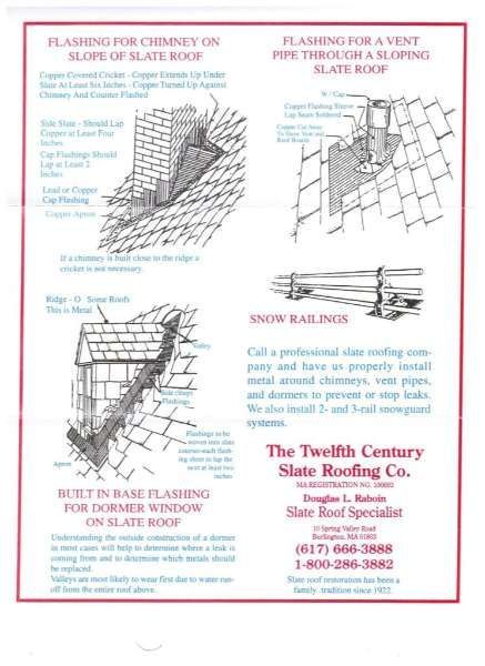 Slate roofing repair ad with roofing diagrams, red headings, and contact information on a white page