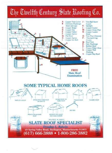 Old Century Slate Roofing Co. flyer showing roof diagrams and slate roofing specialist contact info