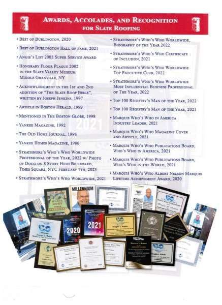 Awards and recognition collage for a roofing company, featuring plaques, certificates, and trophies