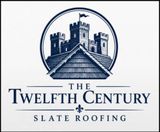 Logo for Twelfth Century Slate Roofing with a castle and slate roof in navy blue