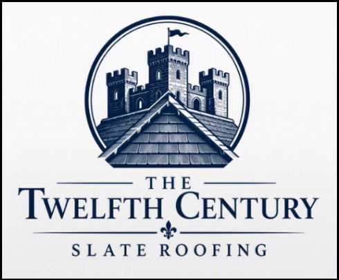 Logo for Twelfth Century Slate Roofing with a castle and slate roof in navy blue