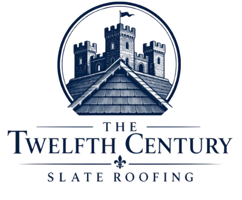Logo for Twelfth Century Slate Roofing with a castle and slate roof in navy blue