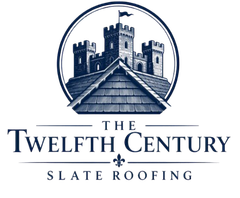Logo for Twelfth Century Slate Roofing with a castle and slate roof in navy blue