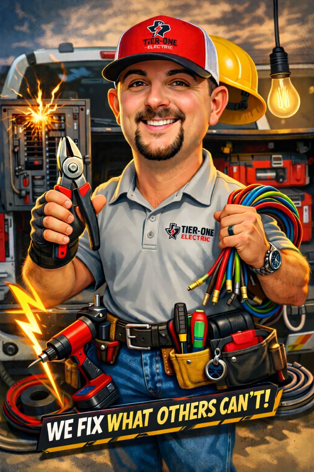 Smiling electrician holds pliers and wires, with tools, truck, sparks.
