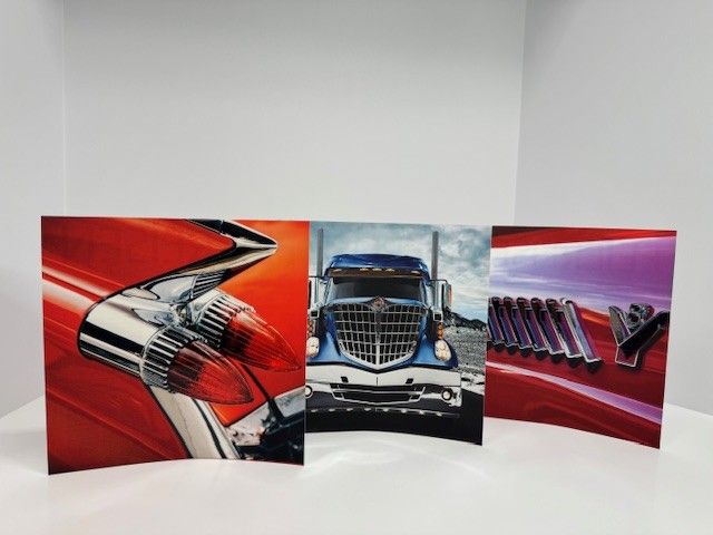 Three automotive photos: red car tail light, blue semi-truck, car hood with 