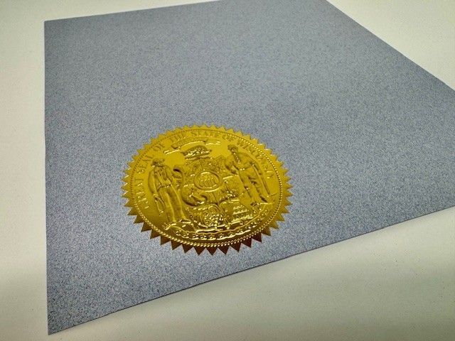 Golden coin with ornate design on a gray, textured surface.