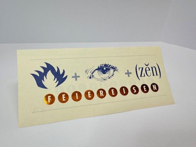 Logo with blue flames, an eye, and the word 