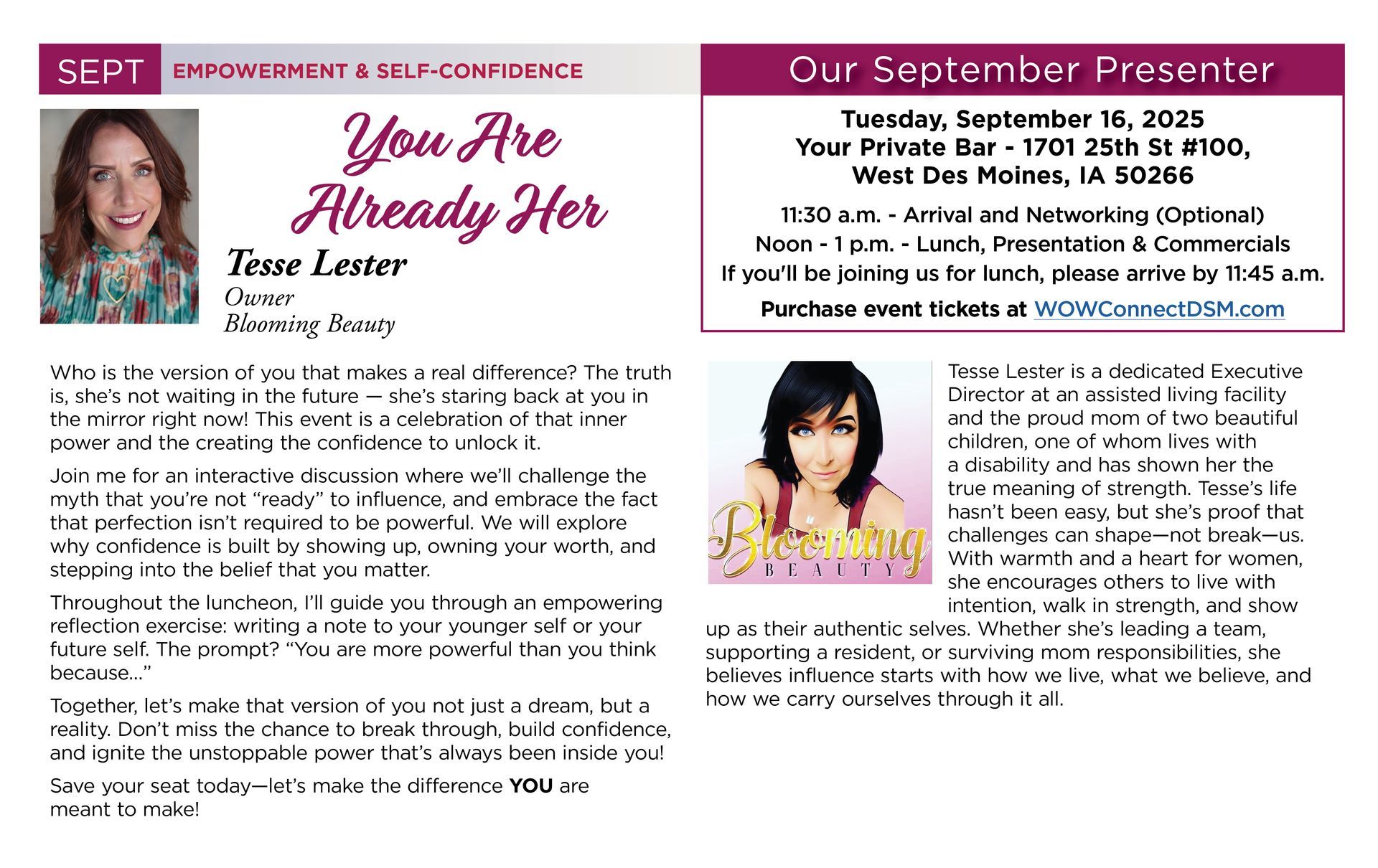 Flyer for an empowerment conference with speaker Tesse Lester, image of her, and event details.