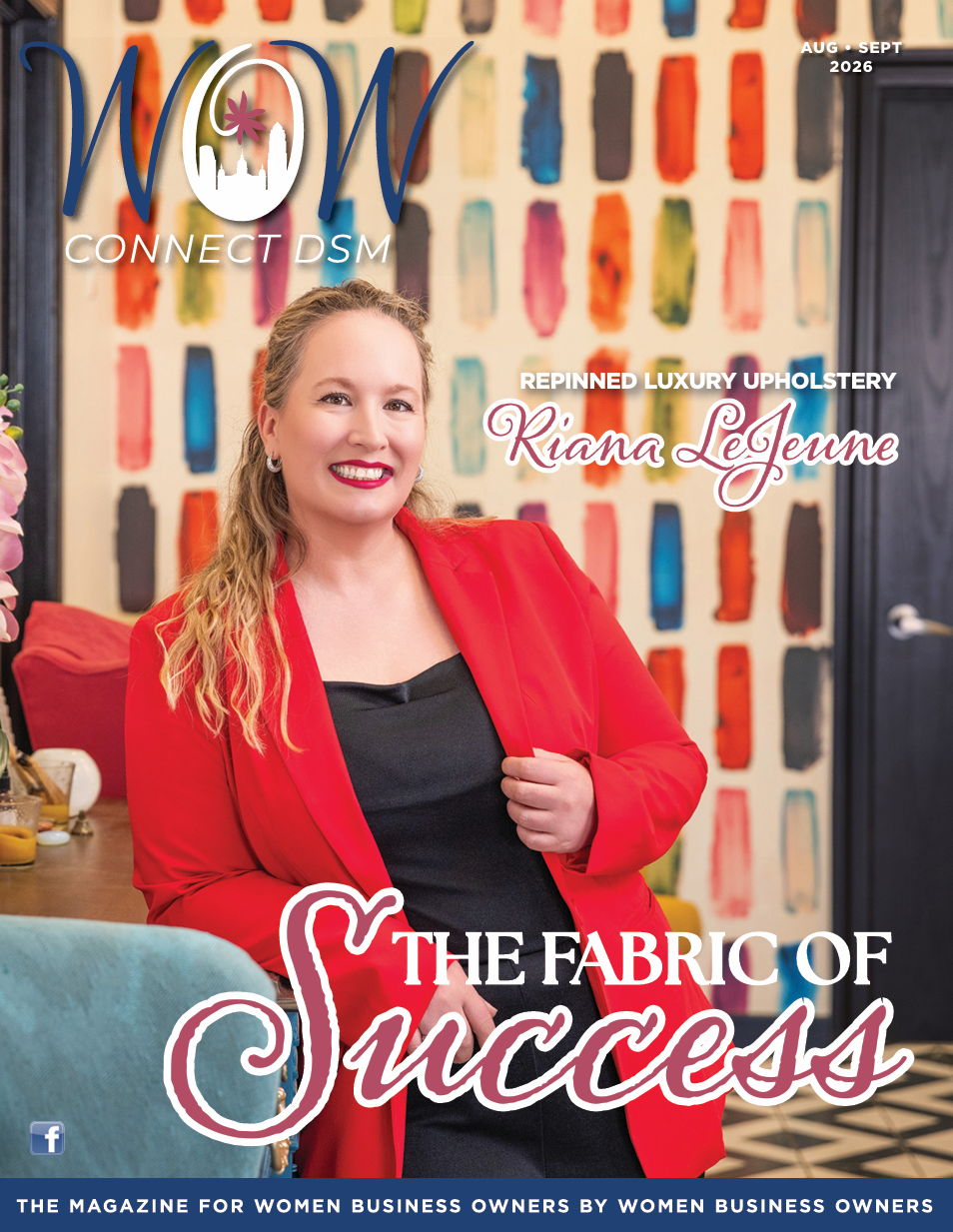 Woman in a red blazer on a magazine cover titled The Fabric of Success.
