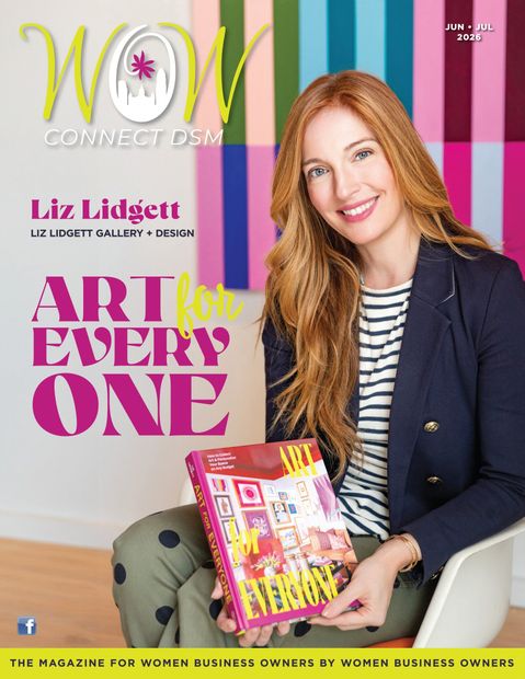 Woman seated on a couch holding a colorful magazine, beside text reading ART for EVERY ONE.