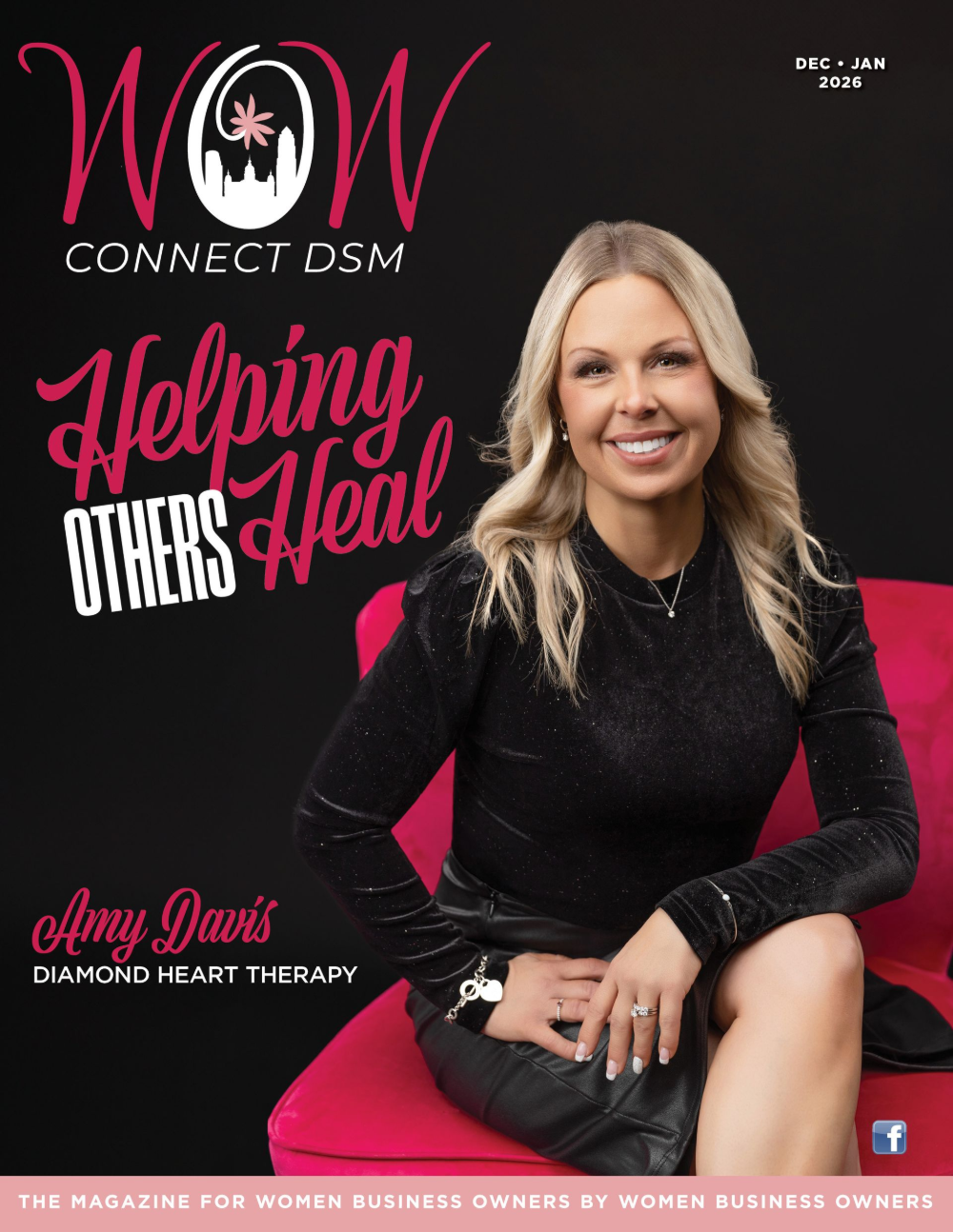 Magazine cover: Woman in black dress, pink couch. 