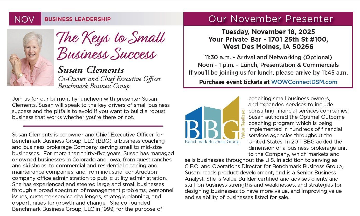 A flyer advertising a November presentation by Susan Clements, CEO of Benchmark Executive Group, about small business success.