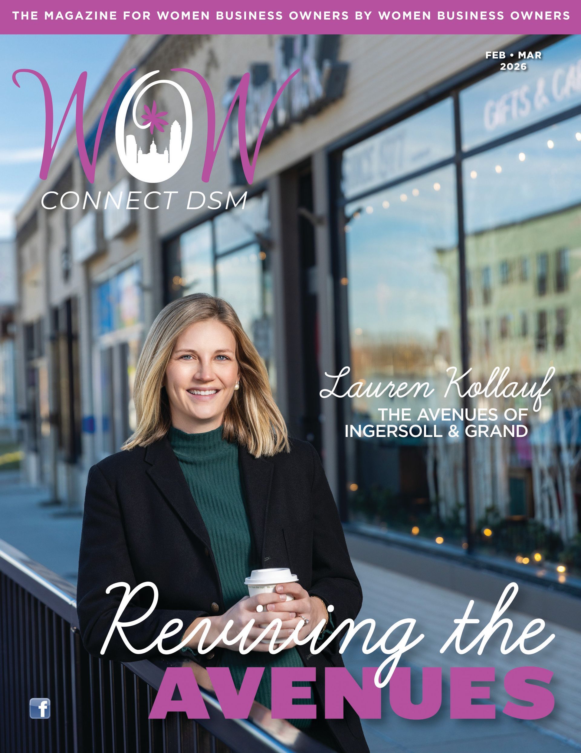 Magazine coverof a woman holding coffee, smiling in front of shops.