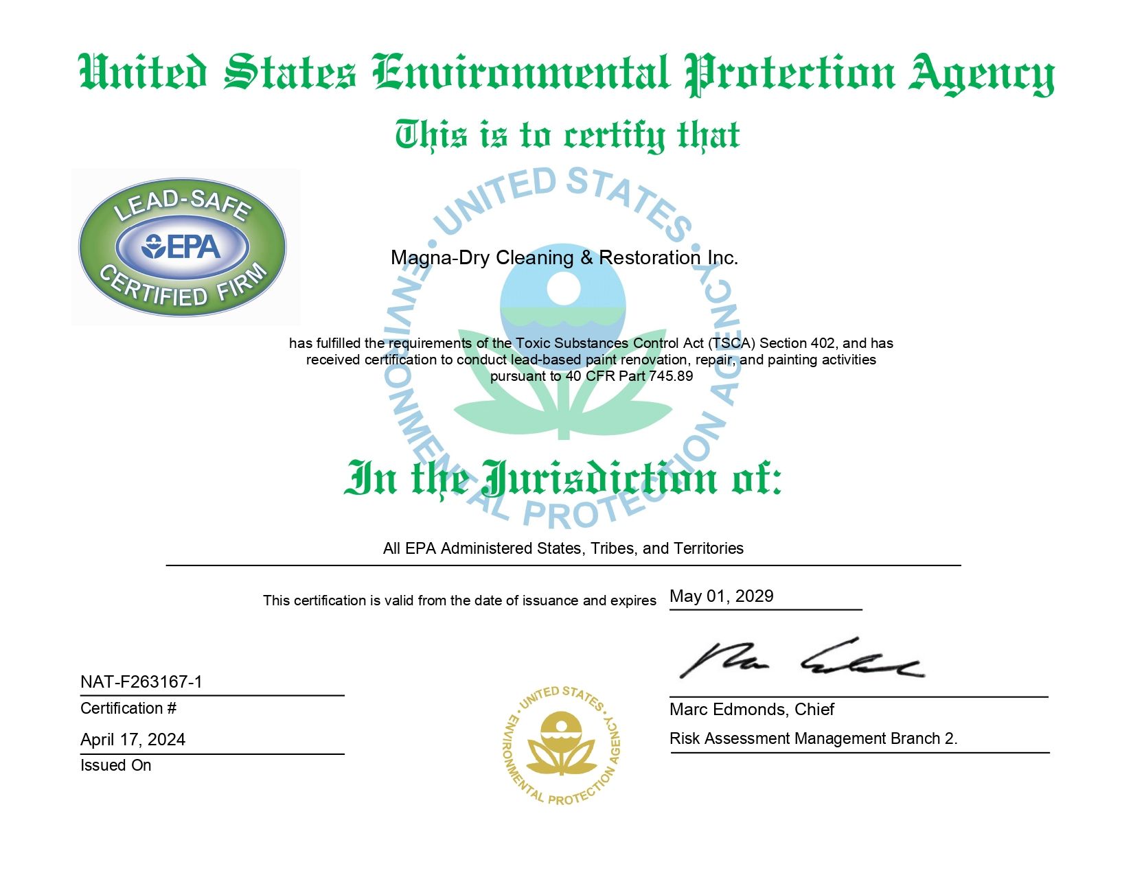 A certificate from the united states environmental protection agency